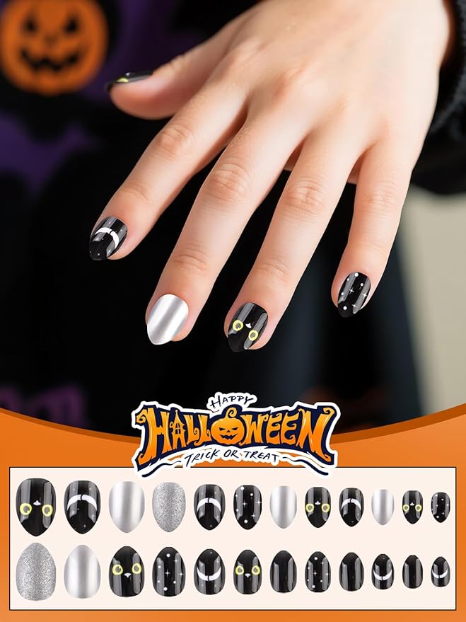 72Pcs Halloween Press on Nails, Fake Nails Full Cover Cute False Nails with Skull Designs Dark Glossy Stick on Nails for Girls Kids with Nail Glue