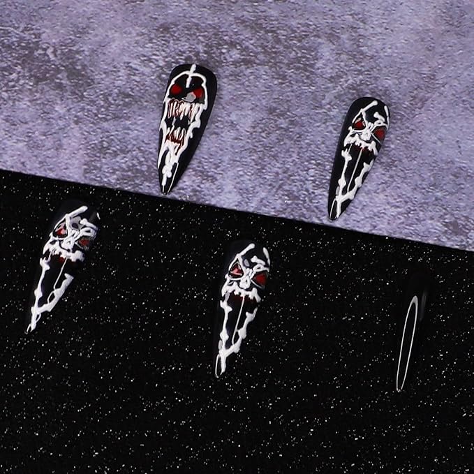 Halloween Press on Nails - Long Stiletto Fake Nails with Black Horror Demon Designs | 3D Gothic Acrylic Nail,Reusable Stick on Nail for Women Girls | 12Size - 24Pcs with Jelly Glue