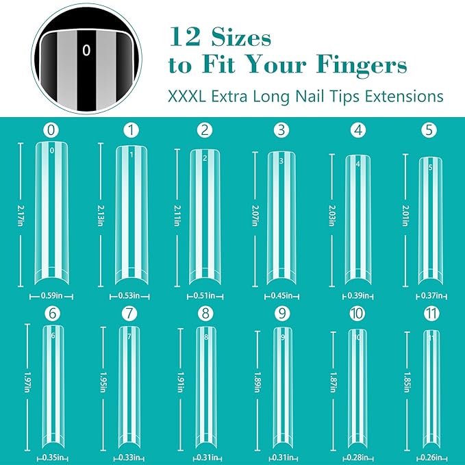 LIONVISON 3XL Clear NO C Curve Nail Tips for Acrylic Nails Professional, 240PCS Extra Long Tapered Square Nail Tips, 12 Sizes Straight Press On Gel Tips for Nail Salons Home DIY