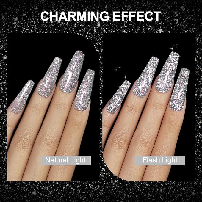 RARJSM Reflective Glitter Gel Polish Silver Sparkling Glitter Iridescent Shimmer Gel Nail Polish Sparkle Diamond Holographic Gelpolish Soak off Nail Art Varnish Manicure for Salon DIY at Home
