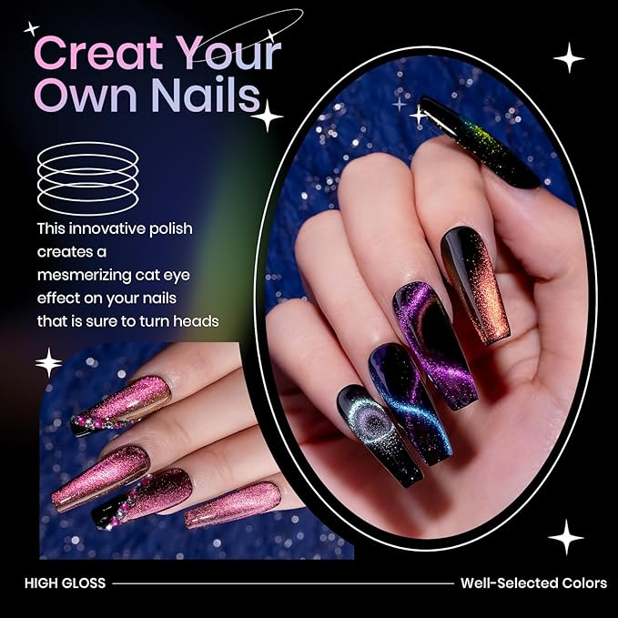 9D Cat Eye Gel Nail Polish Set with Magnet - 12 Colors Magnetic Cateye Gel Polish Chameleon Galaxy Effects Manicure for Nail Salon DIY Nail Art at Home