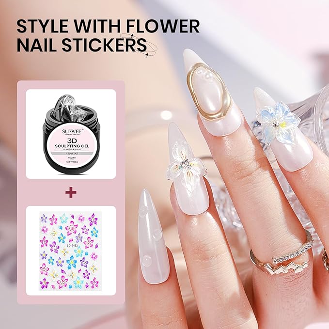 3D Nail Sculpting Gel, Clear Molding Gel for Nail Art Non-Sticky for Extension Carving with Nail Stickers & Silicone Pen Suitable for DIY Manicure Home