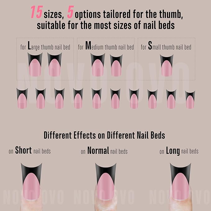 Black French Tip Duck Feet Nail Tips Full Cover for Press on Acrylic with Moon Curve, BERRY PINK Extra Thick Medim Long, Flare Wide Soft Gel Fake False Nail Extension x 15 Sizes 150 pcs