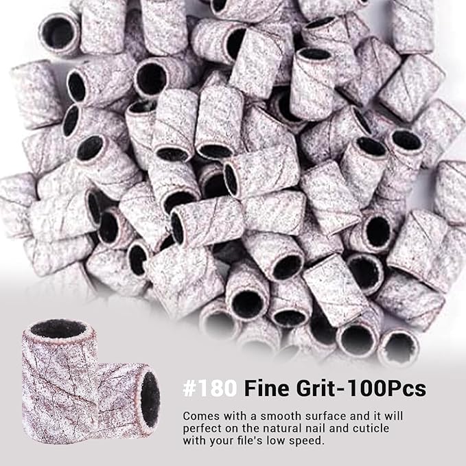 MelodySusie 100 Pcs Nail Drill Bits Sanding Bands for Nail Drill 180 Fine Grit Nail File Sanding Bands for Acrylic Nails Gel Manicures and Pedicure