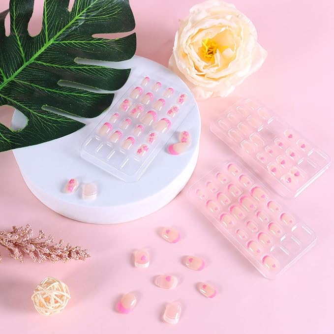 Laza 72pcs Children Nails Press On Pre-glue Full Cover White Pink Heart Flower Short False Nail Kits for Kids Teenager Girls - French Manicure