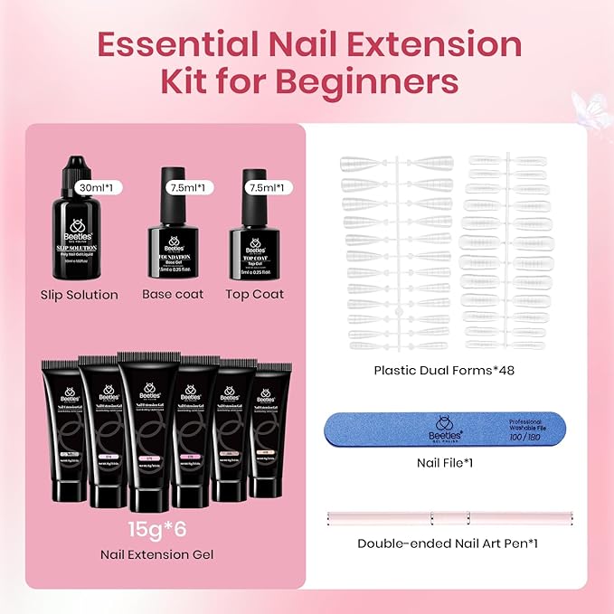Beetles Poly Extension Gel Nail Kit - 6 Colors Jelly Nude Pink Builder Nail Gel Kit With Slip Solution DIY Home Salon Gift for Women Girls, UV & LED Needed