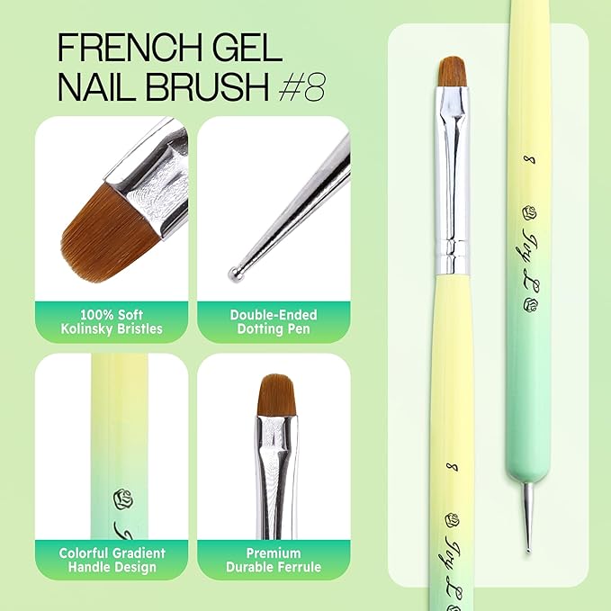 Ivy-L Premium 2 Ways French Gel Acrylic Nail Art Kolinsky Brush with Dotting Tool for Professional Manicure Nail Art Design Cuticle Clean-up + Lime Green Wood Handle (Size 8)