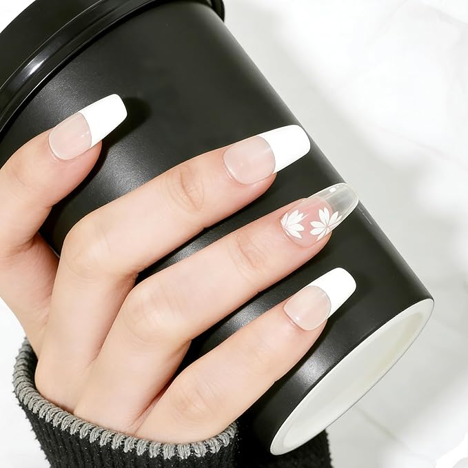Semi Cured Gel Nail Strips White Flower French Tips Nail Strips with UV/LED Required Long Lasting Gel Nail Stickers for Spring Includes 22 Strips 2 Prep Pads, Nail File & Wooden Stick