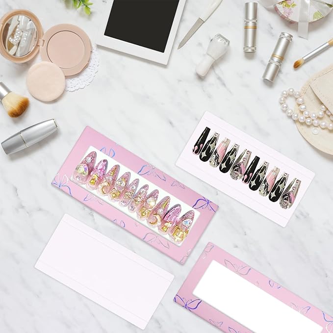 71 Pcs Empty Press on Nails Packaging Box 35 Pcs White Background Papers and 1 Double Sided Tape, Empty Nail Package Box Set for Press on Nail Business(Pink)…