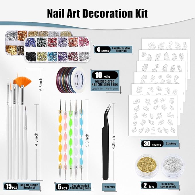 Nail Art Brushes Set,Nail Art Kit for Beginners,Brushes Dotting Pens with Striping Tape,Mini Caviar Beads,Rhinestones,Pearls,Foil Flakes,Sequins,Stickers Manicure Design Tools (White)