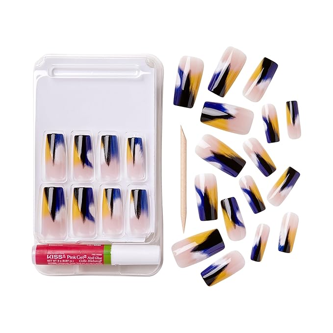 Goldfinger Trendy False Nails Kit, Long Square Design Nail, Bold Neutral Blue Overlay Effect Print, Ready to Wear Gel & Manicure Stick Included, Long-Lasting Convenient & Easy to Apply