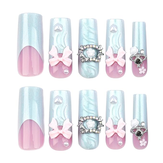 RTKHFZE Long Press on Nails Square Shape Fake Nails with 3D Swirl and Bow Design False Nails,French Tip Glue on Nails Gift for Holiday/Christmas Day/Daughter/Party/Valentine'S Day
