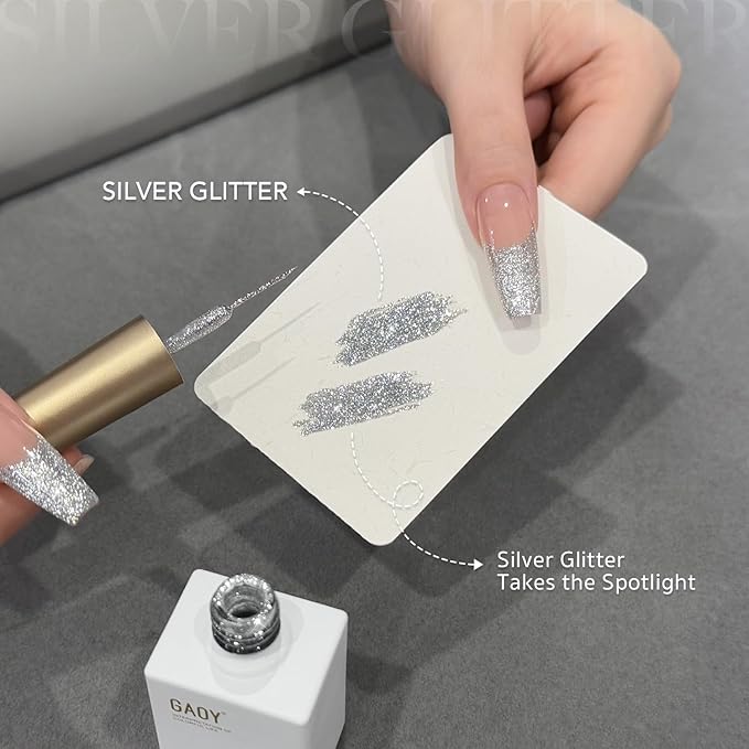 GAOY Silver Glitter Swirl Gel Nail Polish Art Liner, 12ml Sparkly Color Nail Paint Design with Thin Brush, UV Light Cure for DIY French Manicure at Home