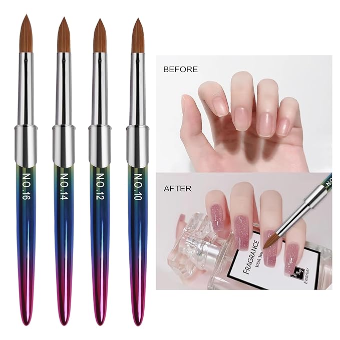 Kolinsky Professional Acrylic Brush Set - 4PCS for Nail Application, Size 10/12/14/16 Powder Brushes for Extension & 3D Carving