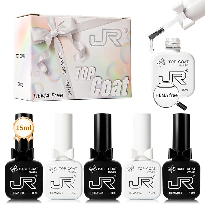 JR 6pcs 15ML HEMA&TPO Free No Wipe Gel Top &Base Coat Set Glossy Soak Off Clear Quick Dry High Glossy Shiny No Chip Long Lasting Air Dry Top Coat for Nail Art Manicure Professional Nail Salon