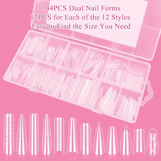 Nail Dual Forms for Poly Gel Set, 12 Styles 12 Sizes Nail Mold Extension Forms, 144Pcs Full Cover False Nail Tips, Duet System with 5pcs Nail Clips Nail Brush Nail Files Cuticle Trimmer