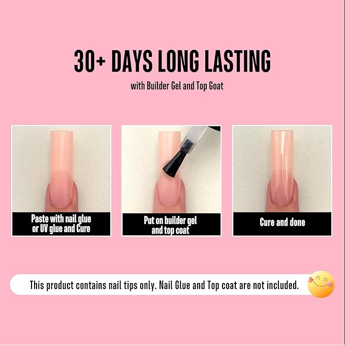 NOVO OVO Long Sharp Square Nail Tips Press on Pure Color BABY PINK, Extra Thick NEED Builder Gel & Top Coat, Soft Gel Matte Fake Nail Extension, Full Cover False Nails for Salon DIYx 15 Sizes 180 pc