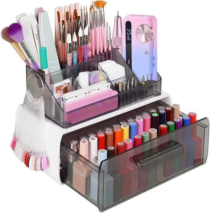 Nail Tech Desk Organizer Case: 2 Layers Nail Tech Organizers with Nail Polish Storage Drawer- 53 Holes Nail Drill Bits & Nail Brushes Pens Holder for Manicure Nail Supplies (Grey)