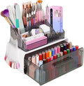 Nail Tech Desk Organizer Case: 2 Layers Nail Tech Organizers with Nail Polish Storage Drawer- 53 Holes Nail Drill Bits & Nail Brushes Pens Holder for Manicure Nail Supplies (Grey)