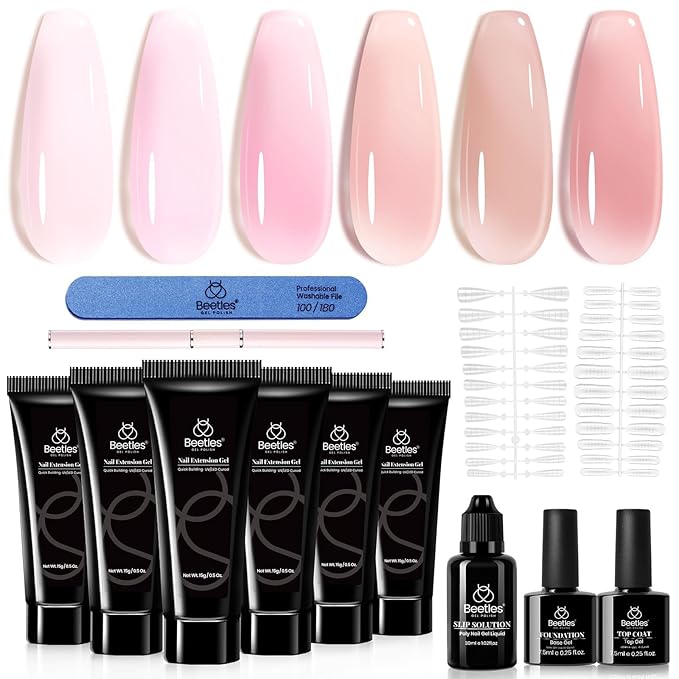 Beetles Poly Extension Gel Nail Kit - 6 Colors Jelly Nude Pink Builder Nail Gel Kit With Slip Solution DIY Home Salon Gift for Women Girls, UV & LED Needed