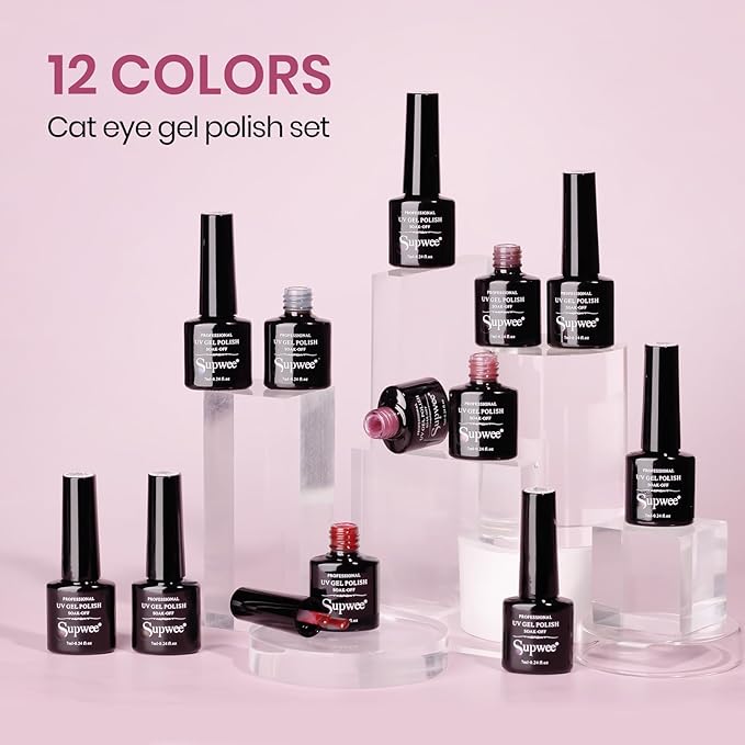 Cat Eye Gel Nail Polish Set, 12 Colors Magnetic Nail Polish Gel Cateye Gels with Magnet, High Glossy, UV Lamp Cure, Vegan, Non Toxic, Long Lasting, 0.24fl oz
