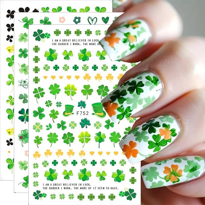 6 Sheets St. Patrick's Day Nail Art Stickers 3D Self-Adhesive Green Shamrock Nail Decals Clover Nail Stickers Luck Leaf of Irish Nails Designs St. Patrick's Day Nails Supplies for Women Manicure DIY