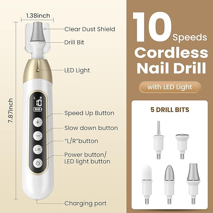 Nail Drill, Electric Nail File & 10-Speed Cordless Nail File, 10 in 1 Kit for Thick Toenails, 2000mAh Rechargeable Portable Manicure Pedicure Kit with LED Display Ideal Gift for Men & Women(Gold)