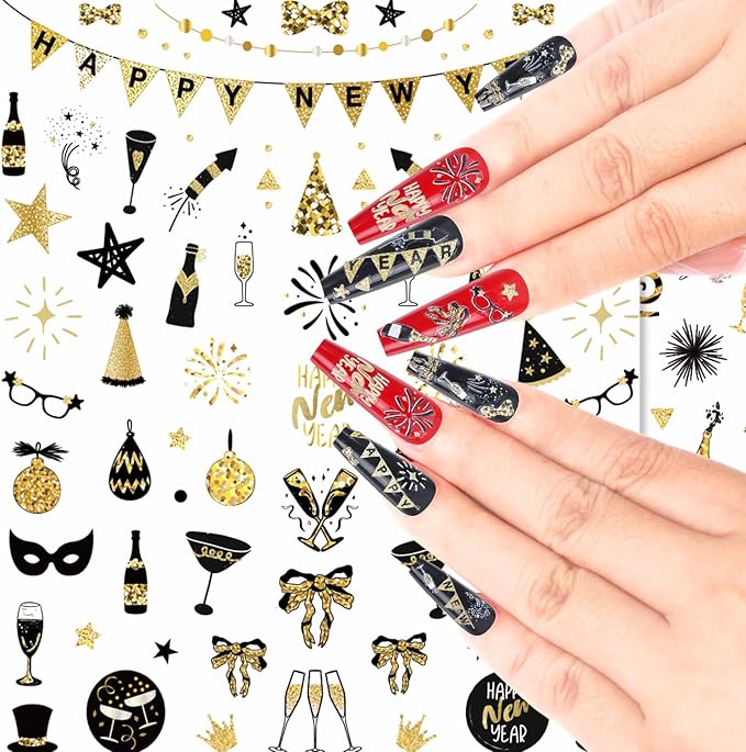 Keluna New Year Nail Stickers - 6 Sheets Happy New Year 2025 Nail Art Sticker, Glitter Gold Christmas Nail Decals, 5D Fireworks Champagne Eve Nail Decal Designs for Women Girls Manicure Decoration