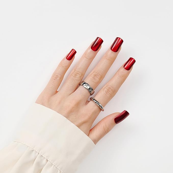 Burgundy Press On Nails Square - Cat Eye Fake Gel Nails, Glossy Sparkle Long-Lasting Chip-Free for Date Night or Fall Nails, 24 Pcs in 12 Sizes with Glue, Adhesive Tabs, File, Prep Pad, Manicure Stick
