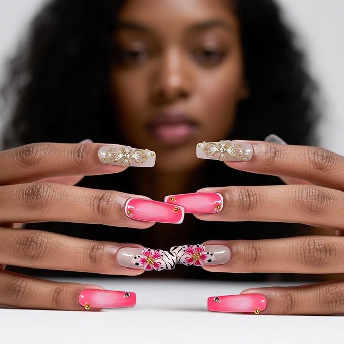 Press On Nails Medium Square Handmade Fake Nails Artistic Design 3D Thick Acrylic and Muti-Layer Gel False Nails Reusable Acrylic Fake Nails for Parties & Daily