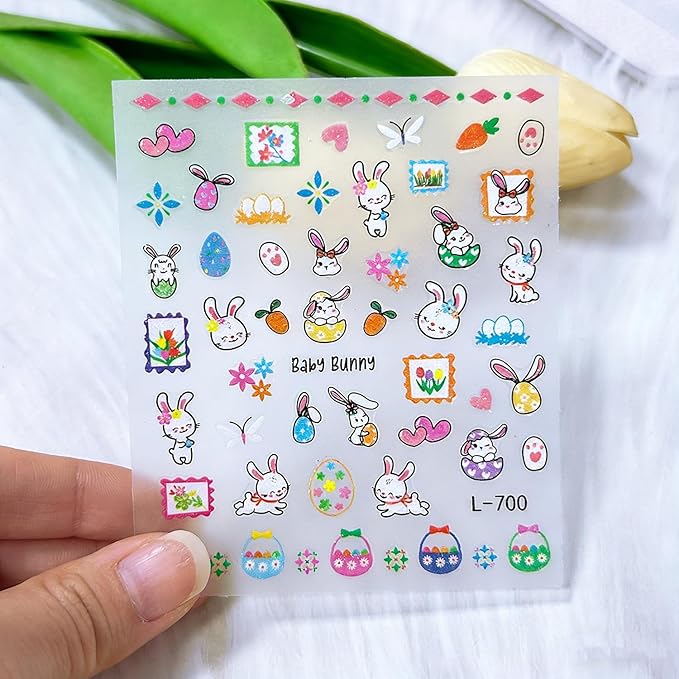 Easter Glitter Nail Art Stickers Decals 3D Self-Adhesive Nail Art Accessories Cartoons Bunny Chick Egg Designs Sticker Lovely Easter Manicure DIY Nail Decorations 6 Sheets