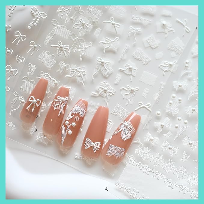 White Bow Ribbon Nail Art Stickers Pearl Lace Rhinestones Embossed Nail Decals for Nail Art Design Self-Adhesive Nail Accessories for Women Nail Art Supplies 3 Sheets