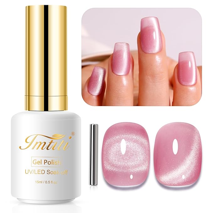 Imtiti Cat Eye Gel Nail Polish, 15ml Jelly Pink Glitter Cat Eye Gel Polish With Magnet Magnetic Crystal Holographic Galaxy Sparkly Soak Off UV Led Manicure