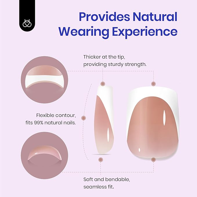 Beetles Short Square French Tip Press On Nails Brown 64 Pcs Pre-Shaped Fake Nails Reusable Nail Kit with Quick-drying Nail Glue Mini Manicure File DIY Home Salon in 16 Sizes Gifts for Women Girls