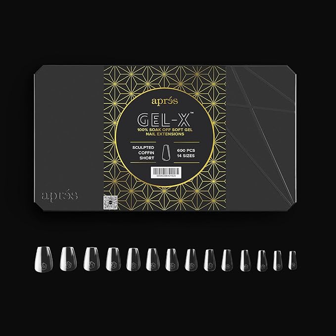 Apres Nail Gel-X Sculpted Coffin Short Box of Tips | 600 Gel-X Tips, Premium Quality, 14 Sizes 00-9 | Half-sizes Included