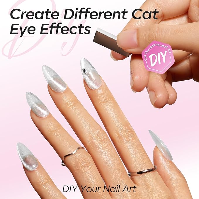 modelones Silver Cat Eye Gel Nail Polish Kit Jelly Pink White Sheer Nude French Gel Polish Set, Magnet Tools Pearl Chrome Powder Flatback Rhinestones Pearls, 4 Colors Gel Mini Salon Gift for Women
