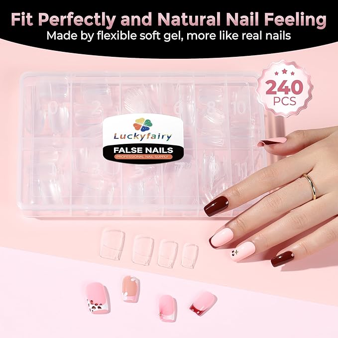 Short Square Nail Tips: 240PCS Soft Gel Pre-filed Short Square Fake Tips, 12 Sizes Full Cover Acrylic False Press On Nails for DIY Nail Art Home Salon