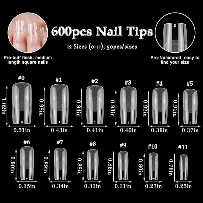 AddFavor 600pcs Square Nail Tips, Medium Gel Nail Tips Square Clear Fake Nails Full Cover Acrylic Nails Tips for Nail Extensions Manicure Salon Home DIY