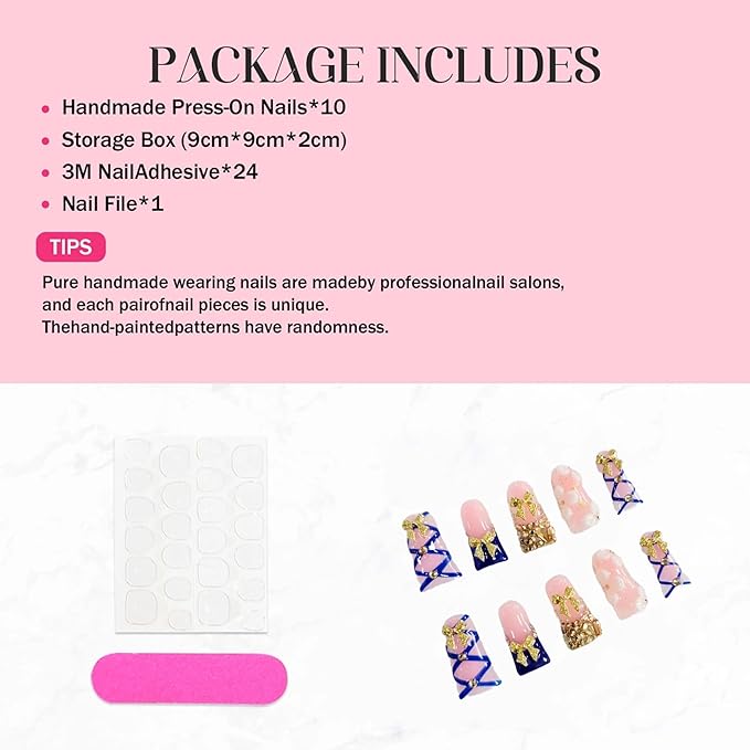 10Pcs Press on Nails Long Duck Handmade Fake Nails Blue French 3D Gilded Bow False Nails with Rhinestones Designs Reusable Artificial Luxury Acrylic Nails Press ons for Women Manicure (Size M)