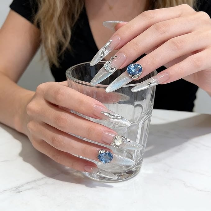 24Pcs Nude Cat Eye Press On Nails, Long AlmondFake Nails with Blue Rhinestones,Glossy Cat Eye Finish, Reusable Stick On Nails with Jelly Glue for Party & Gifts