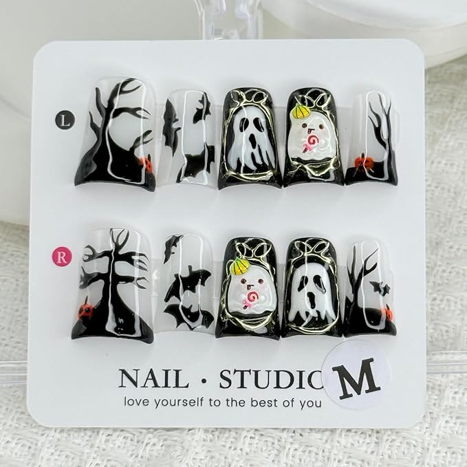 Halloween Press on Nails Ghost Press on Nails Short Duck Fake Nail with Pumpkin Head Bat Designs Handmade Full Cover Glitter Halloween Glue on Nail for Women Girls (Size S)