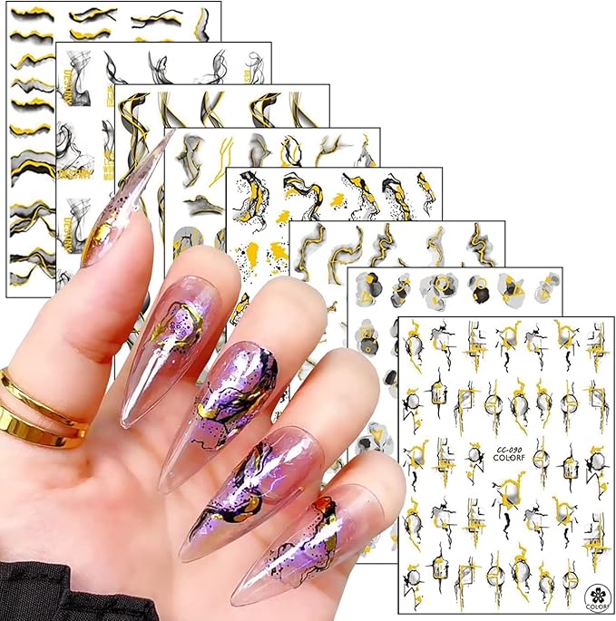 French Line Nail Art Stickers, 3D Gold Black Strip Line Nail Art Transfer Decals Designs, Marble Wave Nail Self-Adhesive Sticker Acrylic Supplies for Women Girls Manicure Decorations, DIY Nail Decal