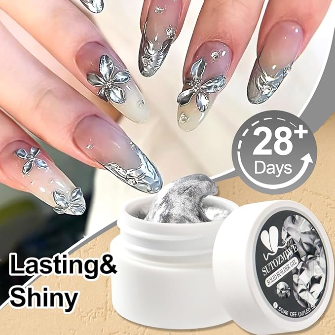 3D Gel Nail Art Kit-Gold Silver Metallic Solid Builder Gel Non-Sticky Hand Sculpting Gels with Silicone Pen for Nail Design Flower Carving Modeling Design