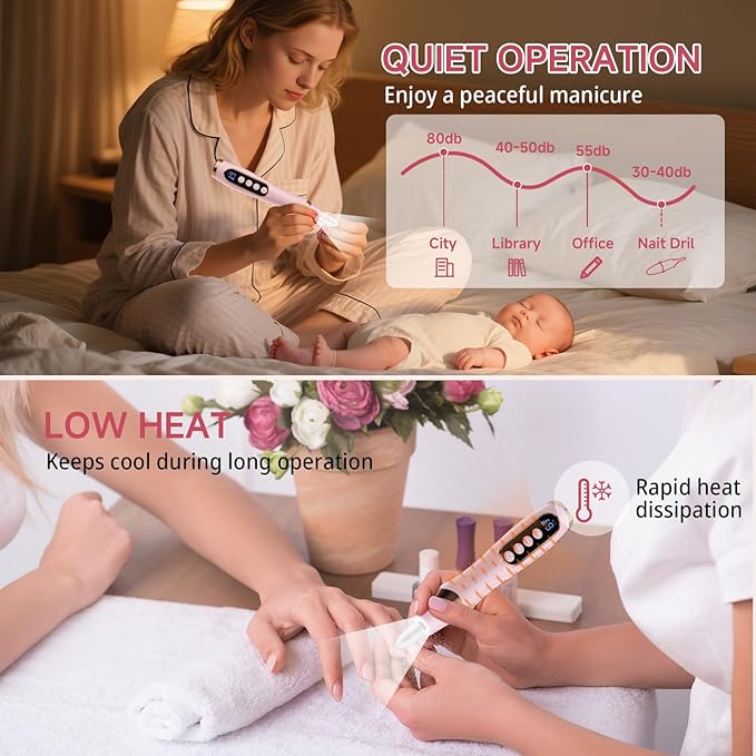 Cordless Nail Drill, Electric Nail File with 360° LED Light & LCD Display, Low Noise Electric Pedicure Tools for feet, Hand Foot Care Nail Drills for Thick Nail Toenail Cuticle Women Baby Pet
