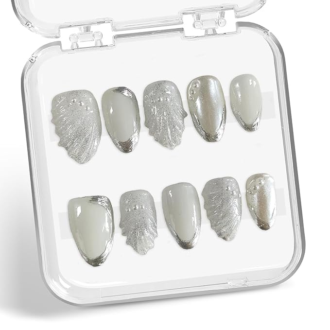 Handmade on Nails Silver French Tip Fake Nail Fish Tail Pearl Embossed Designs Short Almond Acrylic Luxury Muti-Layer Gel False Nail Full Cover Stick on Nail for Women Nails Art (Size M)