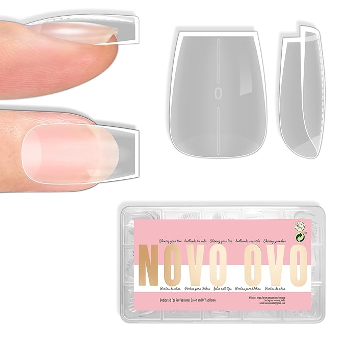 NOVO OVO Short Coffin Nail Tips Press on, Extra Thick Full Cover False Nails, Natural (Not Sculpted) No C Curve Soft Gel Clear Pre-Shaped Fake Nail Extension, for Salon DIY Manicure x 15 Sizes 240 pcs