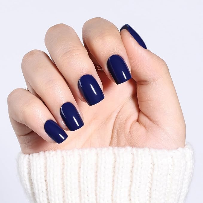Navy Blue Press On Nails - Short Square Dark Blue Press on Nails Glossy Fake Nails Press Ons for Women DIY Fake Nails Kit with Glue, Reusable Glue on Nails Short in 15 Sizes - 30pcs, Midnight Blue