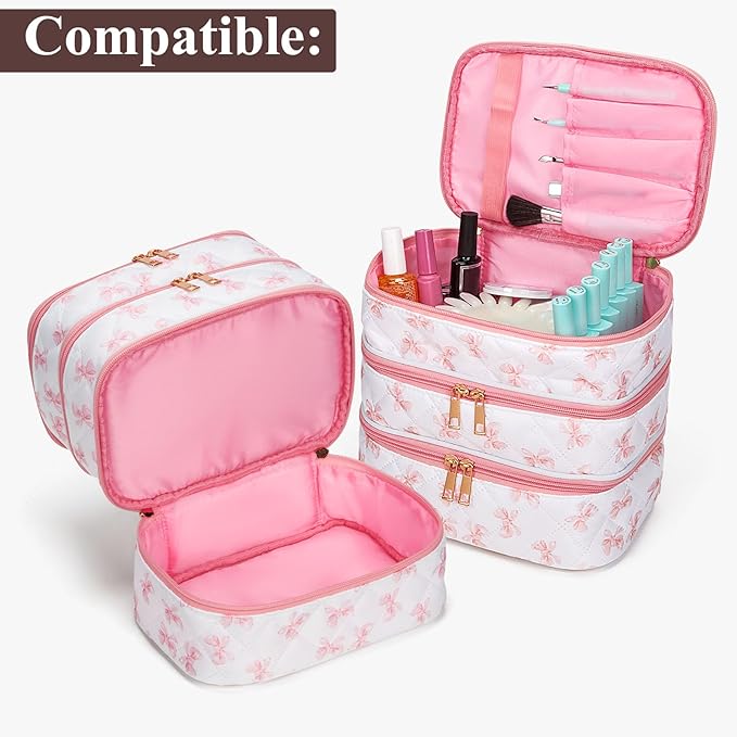 Nail Polish Organizer Aesthetic Nail Organizers and Storage, Bow Nail Supplies Kit Organizer Travel Carrying Case for Manicure Tools (Bow A, 3 Layer)