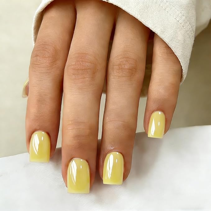 Chrome Light Yellow Press on Nails Short Square, Glazed Short Fake Nails with Sparkle Mirror Design, Shiny Glitter Glue on Nails with Glue, Cute Gel Nail Press ons for Fingernail 30 Pcs