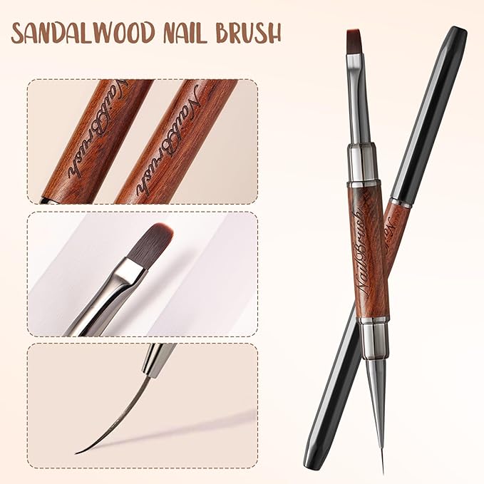 Acrylic Nail Brush,Double-ended Nail Brush French Tip Brush,Nail Art Painting Brush for Long Lines,Thin Details, Fine Drawing,Builder Gel,Polygel (Large rectangular round brush+5mm Line brush)